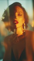 Young woman with red lipstick and gold earrings applying makeup in warm sunset lighting, creating glamorous atmosphere for beauty and fashion content.