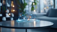 Futuristic holographic city model glowing on coffee table with blue light effects and bokeh background, showcasing smart city technology and urban planning concept.