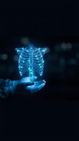 Glowing blue holographic ribcage floating above open palm against dark background for medical technology and healthcare innovation concepts.