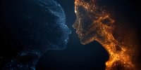 Abstract digital profiles facing each other, one glowing blue and one fiery orange, composed of luminous particles representing duality and connection.