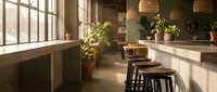 Modern cafe interior with wooden counter, black bar stools, potted plants, and natural light from large windows, suitable for restaurant, hospitality, and design projects.