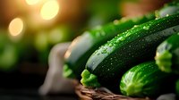 Fresh wet cucumbers with water drops on dark background and soft bokeh lights, macro food photography for healthy eating and organic produce.