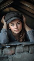 Young woman with bright blue eyes wearing newsboy cap and braided hair leans on rustic brick wall, soft natural lighting creates nostalgic vintage mood.
