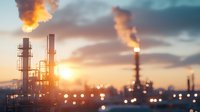 Industrial oil refinery silhouettes with burning flare stacks against dramatic sunset sky, smoke emissions and glowing lights creating atmospheric scene.