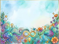 Colorful watercolor border with infinity symbol, gears, flowers, and light bulbs on white background. Isolated design element suitable for greeting cards, posters, and creative projects.