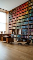 Modern home library with floor-to-ceiling bookshelves organized by color, wooden desk, leather chair and hardwood floors for interior design projects.