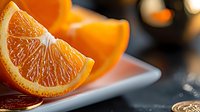 Fresh juicy orange segment on white ceramic plate against dark background with soft bokeh lights, macro food photography with selective focus.