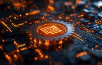 Glowing orange microchip circuit with AI symbol on dark background, macro view of electronic components with selective focus and bokeh lights.