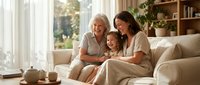 Three generations of women bonding together on cozy living room sofa, grandmother mother and daughter sharing quality family time at home.