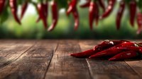 Fresh red chili peppers on rustic wooden table with blurred garden background for culinary cooking and spice ingredient concepts.
