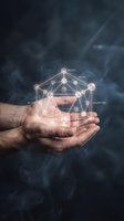Male hands holding glowing network diagram with interconnected nodes labeled beliefs, values, assumptions, and logic against dark smoky background for psychology, mindset, and cognitive concept projects.
