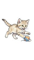 Playful tabby kitten with striped coat pouncing on blue and orange yarn ball, isolated on white background for design projects, clipart, and children's illustrations.