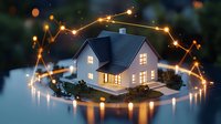 Cozy white house model illuminated by warm fairy lights creating magical atmosphere with glowing windows and reflections on dark background. For real estate.