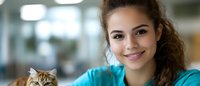 Young female veterinarian in scrubs smiling with tabby kitten in modern clinic. Professional pet care and animal health concept for medical marketing.
