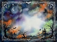Watercolor Halloween night scene frame with haunted castle, flying witch, bats, pumpkins, and ornate border, copy space in center.