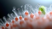 Macro photography of pink round spores with delicate white filaments against dark background, showing intricate natural patterns and textures in microscopic detail.