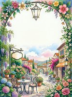 Watercolor floral arch frame with charming European village street, cafe table, lantern, and copy space for greeting cards or invitations.