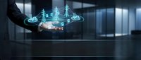 Businessman holding holographic network connections in modern office environment showcasing digital transformation and connectivity technology solutions.