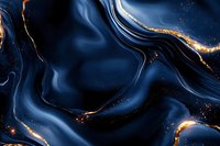 Luxurious dark blue liquid marble swirls with gold accents and glitter particles, creating an elegant abstract background for design and decoration projects.