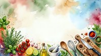 Culinary flat lay with fresh vegetables, herbs, cooking utensils and watercolor splashes on white background. Overhead view for food blog, recipe content, cooking class materials and kitchen design projects.