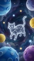 Glowing neon cat constellation floating in cosmic space with colorful planets and stars. Fantasy digital art for children's room decor and space themes.