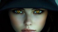 Young woman with striking amber eyes wearing black hood, dramatic close-up portrait with mysterious atmospheric lighting and intense gaze against dark background.