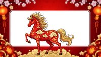 Red horse with golden mane and floral patterns on festive background with lanterns and cherry blossoms for Chinese New Year celebration.