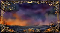 Halloween night landscape with ornate golden frame featuring pumpkins, bats and autumn leaves. Spooky twilight scene with crescent moon over mountains.