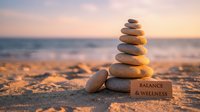 Balanced stone cairn on sandy beach at sunset with wellness message, promoting mindfulness and inner peace for meditation and spa concepts.