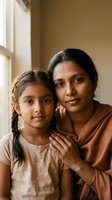 South Asian mother and daughter embracing in warm natural light by window creating intimate family portrait for Mother's Day celebrations.