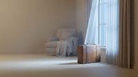 Vintage leather suitcase in minimalist room with armchair and sunlit window, conveying travel, nostalgia, and wanderlust for design and lifestyle projects.