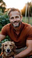 Mature Caucasian man with gray beard wearing rust-colored polo shirt smiling outdoors with golden retriever dog at sunset, natural bokeh background creates warm atmosphere.