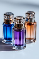 Luxury fragrance bottles in blue, purple, and amber colors with ornate silver caps on white surface, elegant composition for beauty and cosmetic advertising.