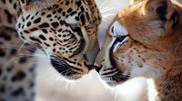 Close-up of two wild cats touching noses, showing tender moment between leopard and cheetah with detailed view of spotted fur patterns and whiskers in natural light.