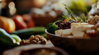 Fresh seasonal ingredients in wooden bowl with nuts, broccoli, dried berries and cheese on rustic table with soft natural lighting and blurred background.