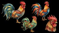 Colorful ornate roosters set isolated on transparent background, ready for t-shirt design, stickers, clipart, sublimation, and print on demand projects.