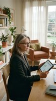 Mature Caucasian businesswoman with glasses using tablet computer at home office desk surrounded by plants and books for remote work productivity.