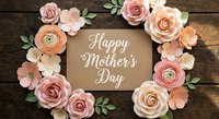 Happy Mother's Day greeting card with paper craft flowers wreath on rustic wooden background for celebration and holiday design projects.