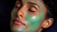 Close up portrait of young woman with green glowing facial mask treatment on dark background showing skincare and beauty wellness routine.