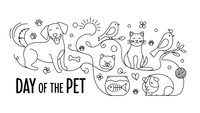 Day of the Pet celebration with cute line art animals including dog, cat, bird, fish and hamster on white background for coloring and design projects.