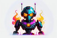 Futuristic robot warrior in neon colors with glowing orange visor and purple accents against white background, surrounded by vibrant flame effects and energy aura.