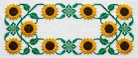 Embroidered sunflower border design with decorative green leaves and geometric patterns on white fabric background for textile and craft projects.
