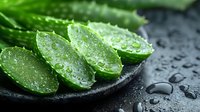 Fresh cut aloe vera leaves with water drops on black stone plate, macro shot showing natural gel texture and moisturizing properties for skincare and wellness.