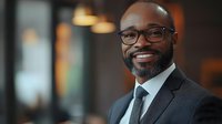 Professional African American businessman with glasses and beard smiling confidently in modern office environment for corporate marketing materials.