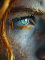 Close-up of bright blue eye with golden freckles and blonde hair strands falling across face, artistic beauty portrait with dramatic lighting and skin texture.