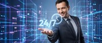 Professional businessman presenting 24/7 service concept with digital network background for customer support and business solutions.