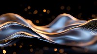 Flowing liquid metal waves with golden light reflections and bokeh particles on dark background, suitable for abstract backgrounds and modern design projects.
