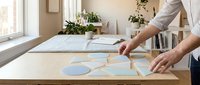 Professional businesswoman analyzing financial charts and graphs on wooden desk in bright modern office workspace with plants and natural lighting.