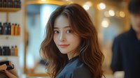 Young Asian woman with wavy brown hair and natural makeup smiling warmly in hair salon interior with soft bokeh lighting and styling products displayed on shelves in background.