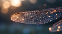 Delicate dragonfly wing with morning dew drops illuminated by golden sunrise light creates magical bokeh effect against dark blue background. Nature macro photography.